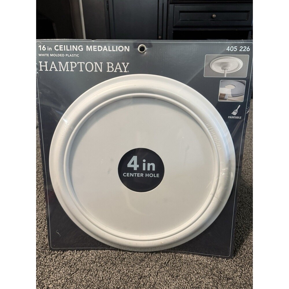 Hampton Bay 16in Ceiling Medallion White Plastic Paintable 4in Hole 405 226